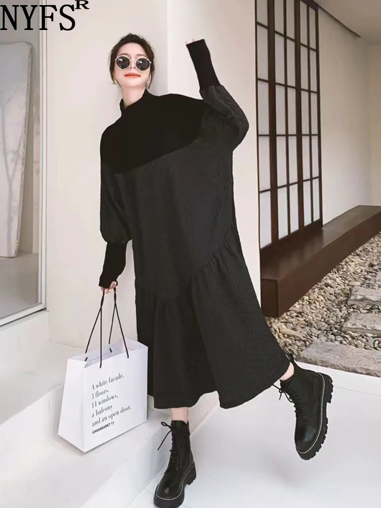 

NYFS 2023 Autumn New Korea Woman Dress Vestidos Robe Elbise Loose Plus Size Light Ripe Black Long Dresses