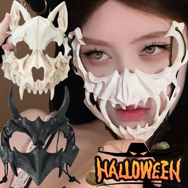 

Halloween Demon Mask Long Teeth Skeleton Half Face Cosplay Prop Wolf Dragon Tiger DIY Halloween Party Mask Oni Costume Accessory