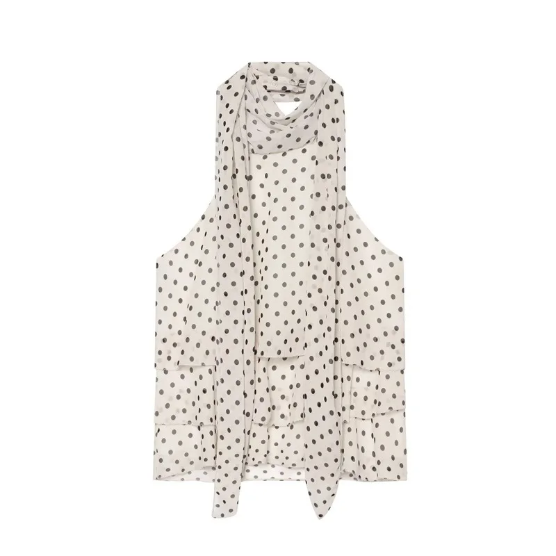 NINE ZAR Women's Polka Dot Print Layered Decorative Collar Top Vest Casual High Neck Short Length Polyester Fabric Summer