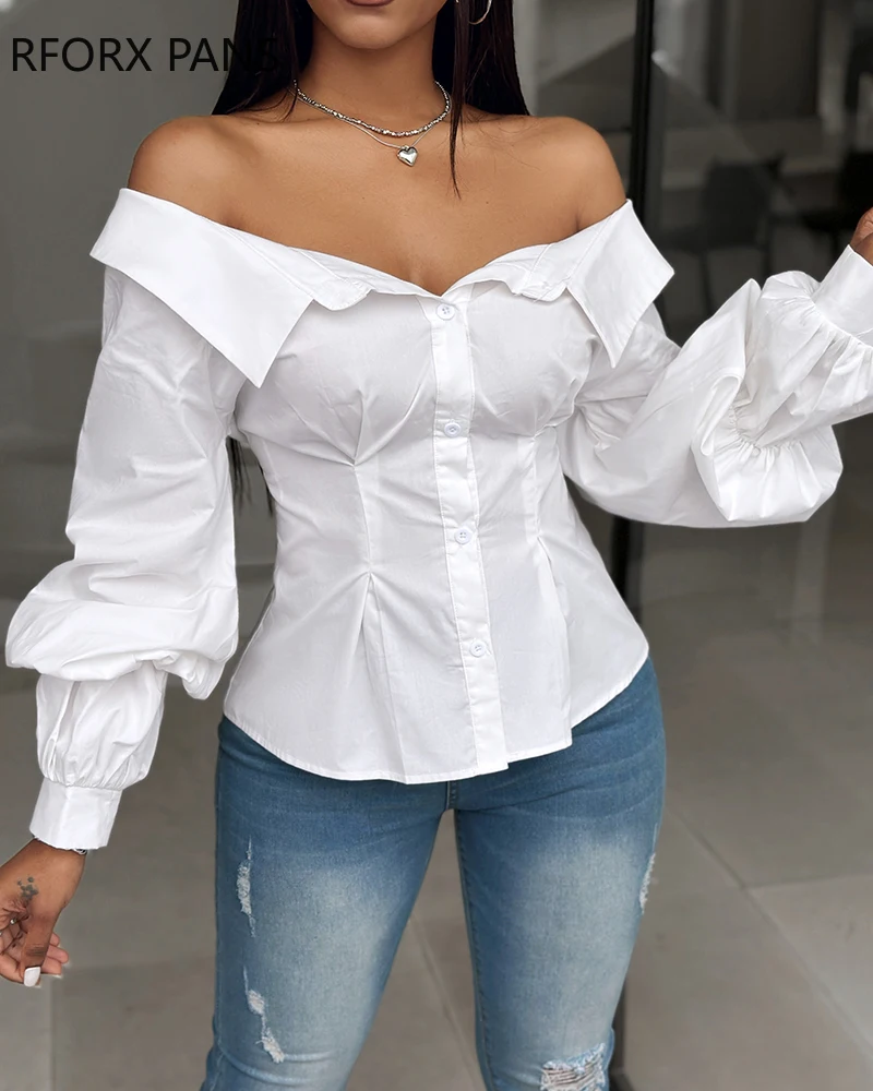 Women Chic Solid Off Shoulder Button Long Sleeves Casual Blouses Tops