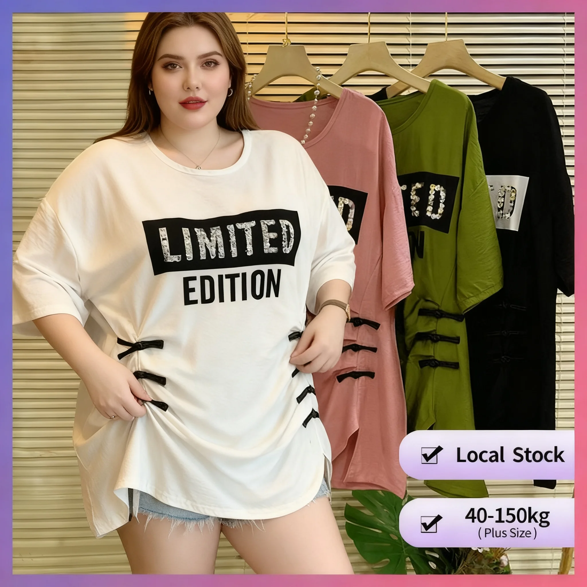 

【Oversize T shirt 】Summer women t shirt plus size short sleeve round neck print knot loose t shirt button unique design top