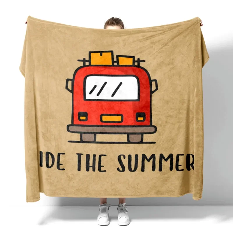 VIKAMA Summer Happy Camper Plaid Blanket Beige Tapestry Couch Cover Fluffy Soft Sofa Decor Nappingthrow Blanket