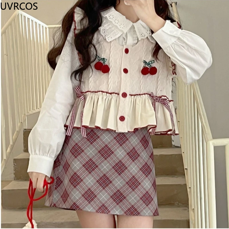 Autumn 2022 New Kawaii Knitted Sweater Vest Women Patchwork Cherry Bow Sweet Pullover Japanse Style Lolita Sleeveless Waistcoat