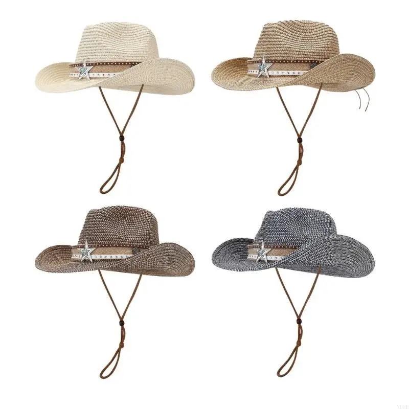 Woman Weaving Straw Hat Adjustable Chin Rope Cowgirl Hat for Travel Sun Hat Y08E