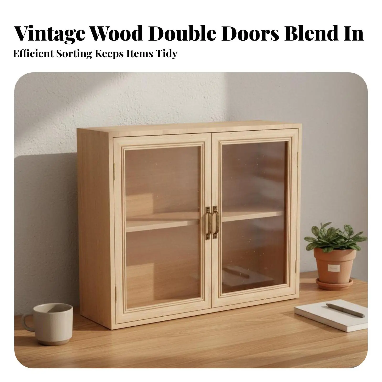 Multifunctional Pine Wood Desktop Organizer Cabinet for Showcasing Collectibles and Keeping Desk Tidy