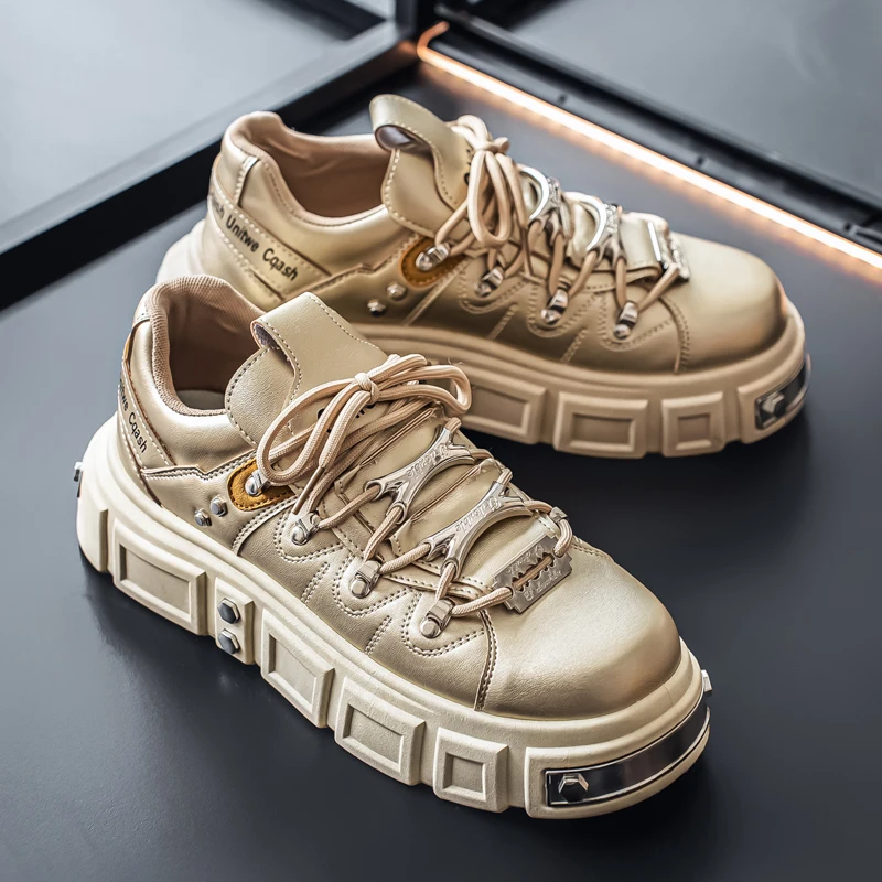 Men Punk Chunky Platform Sneakers Metallic Golden Thick Block Sole Lace‑Up Street Fashion Casual Shoes Size 39‑46