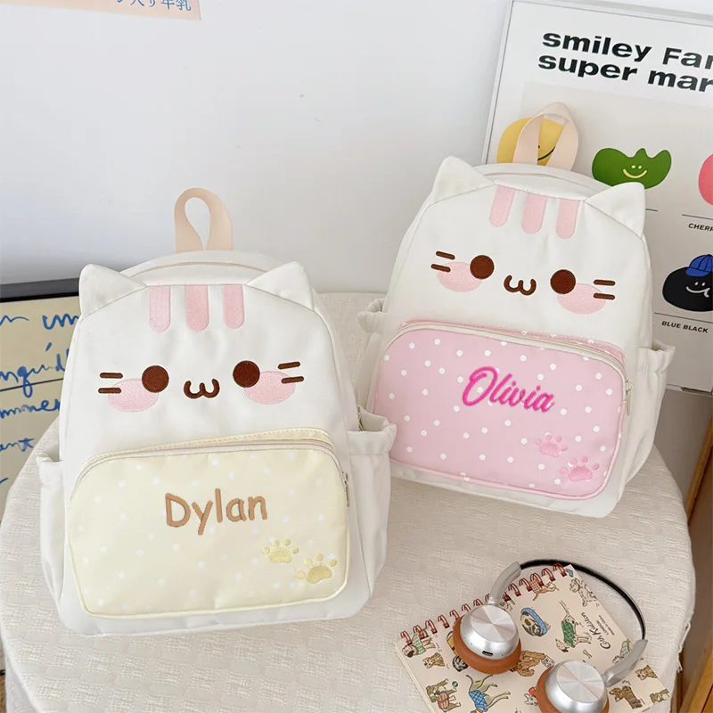 Personalized Embroidery Children's Cartoon Cat Backpack, Cute Female Polka Dot Student Backpack, Large Capacity Backpack