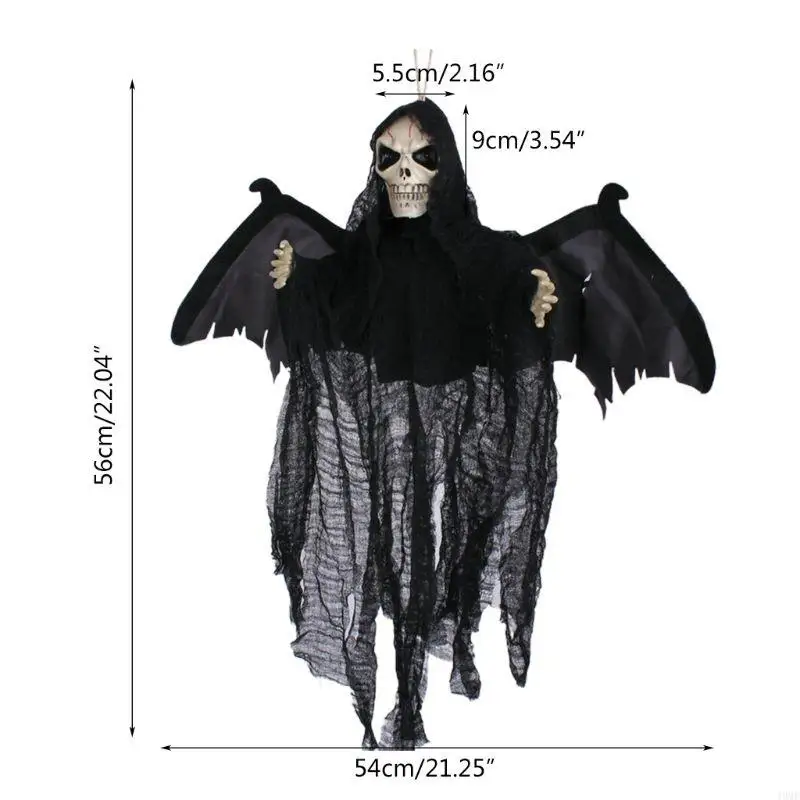 49MF Animated Scary Hanging Electric Glowing Eyes Shake Bat Wings Creepy Sound Flying Skull Skeleton Death Halloween Party