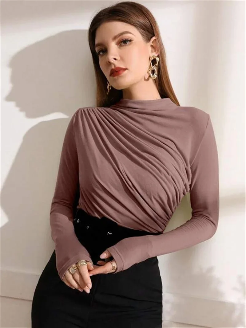 Autumn Winter Warm Fashion Pleated T-Shirt Women Solid Color Stand-up Collar Slim Tops Female Daily Casual Trend Streetwear Tees