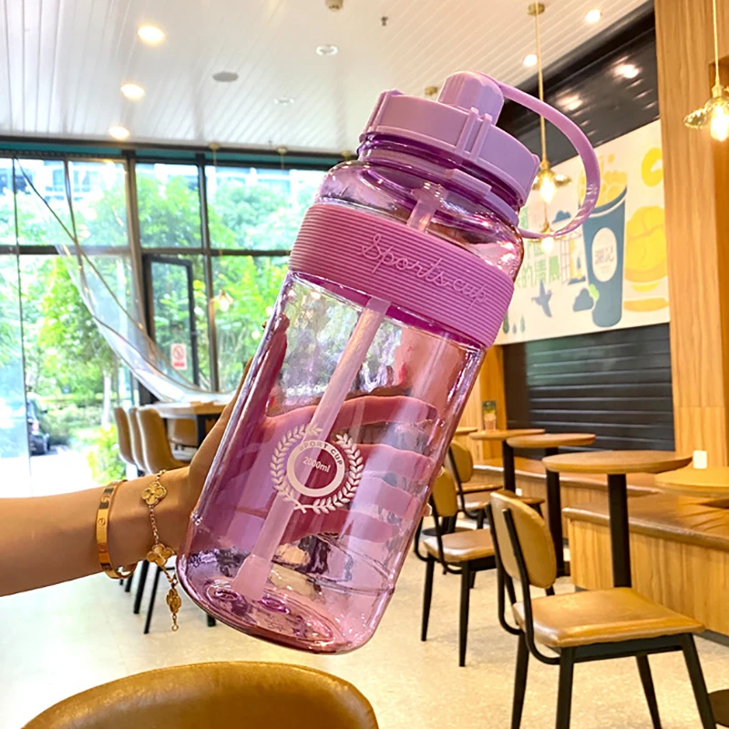 2L Fitness Sports Water Bottle Plastic Large Capacity Hiking Bottle with Straw Outdoor Climbing Bicycle Drink Waterbottle Kettle