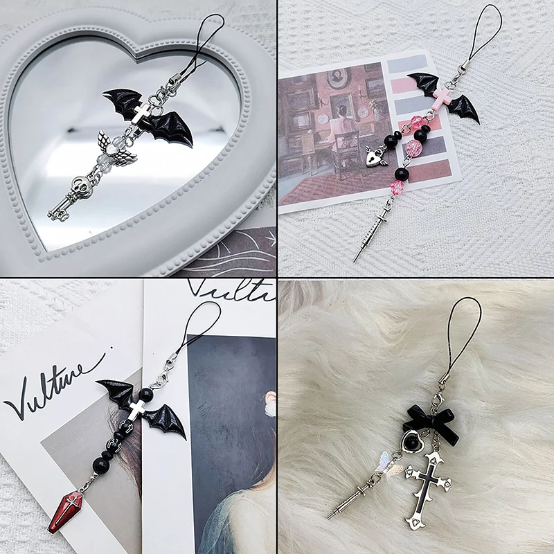 Black Punk Y2K Phone Pendant Chain Cool Girl Sweet Charm With Cross Butterfly Accessories For Phone Bag Lanyard Keychain