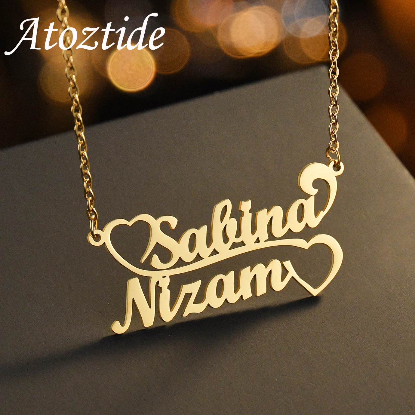 Atoztide Personalized Custom 2 Names Necklace for Women Nameplate Heart Pendant Stainless Steel Link Chain Birthday Jewelry Gift