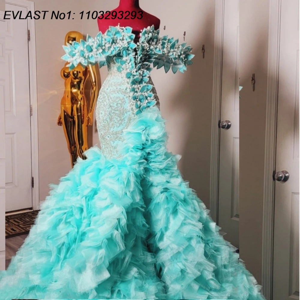 EVLAST Customized Luxury Green Prom Dress Beaded Crystal Mermaid Floral Party Dress High Slit Black Girls Robe De Soirée  FP234