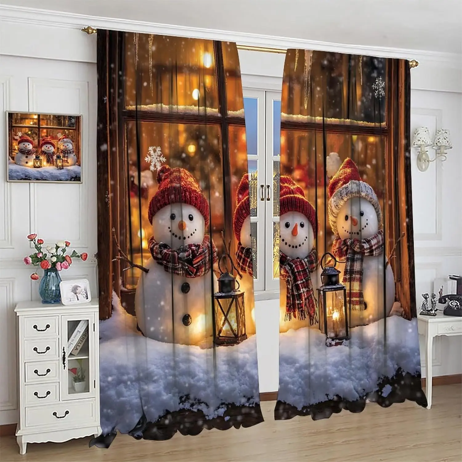 Christmas Curtains Cute Snowman Hat Scarf Lamp Glass Holiday Theme Illustration Window Treatments for Kids Boys Girls Bedroom