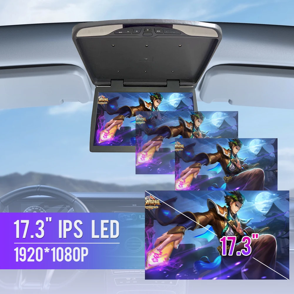 

1080P Car Roof Monitor Flip Screen Ceiling Roof Mounted Display Top Multimedia Video PAL NTSC Two-way AV Video Input 17.3"