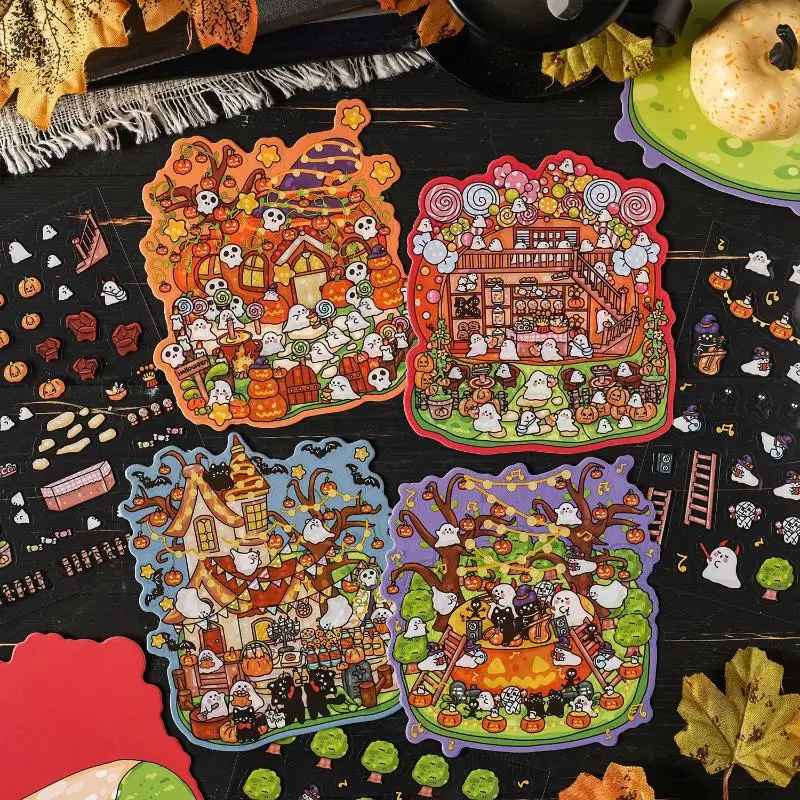 4 set di cartoni animati squisiti adesivi tridimensionali per decorazioni fai da te di Halloween adesivi per manuali paesaggistici adesivi creativi carini