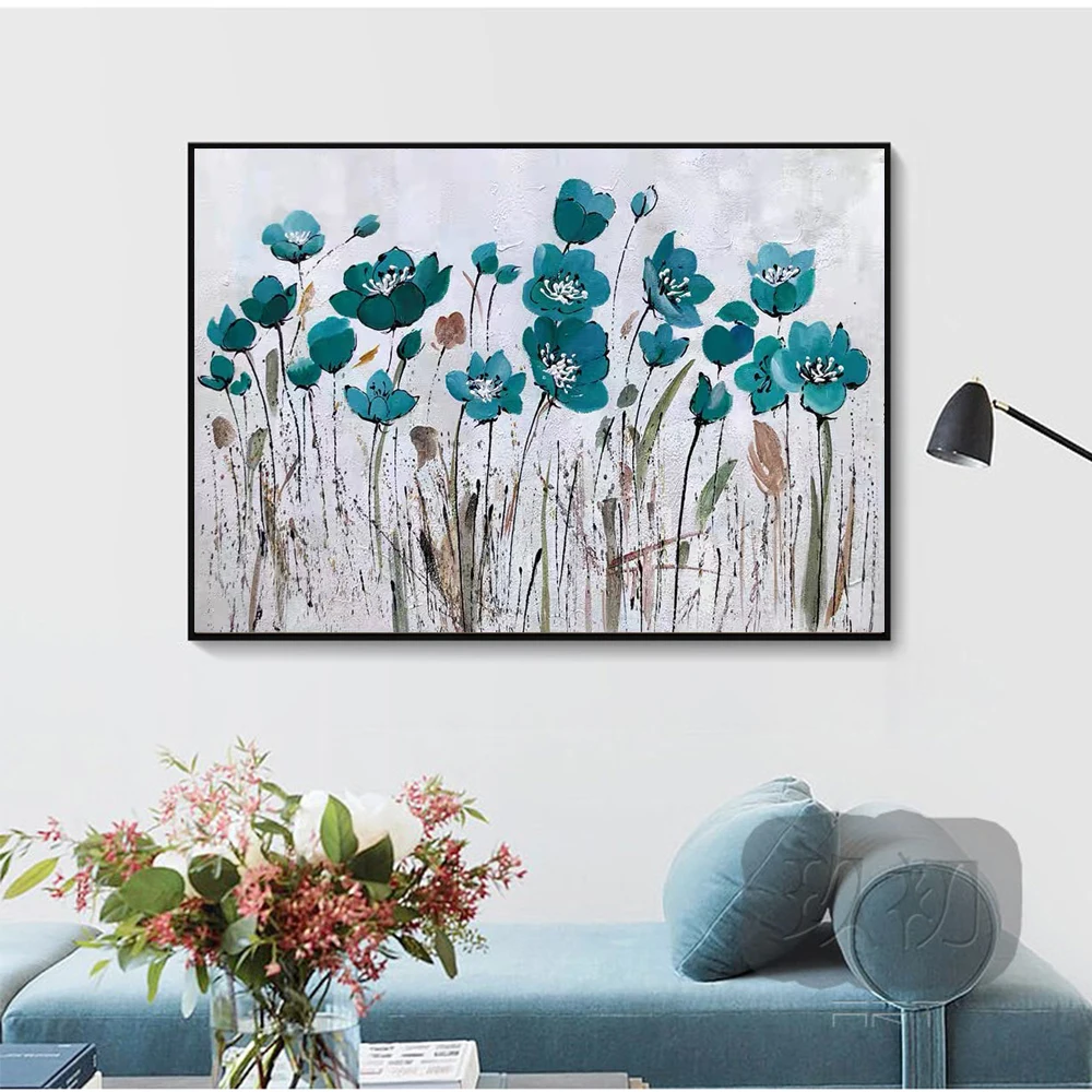 

Handmade Flower Artwork Canvas Wall Art Modern Abstract Simple Blue Flower Painting Wall Pictures For Living Room Bedroom Decor