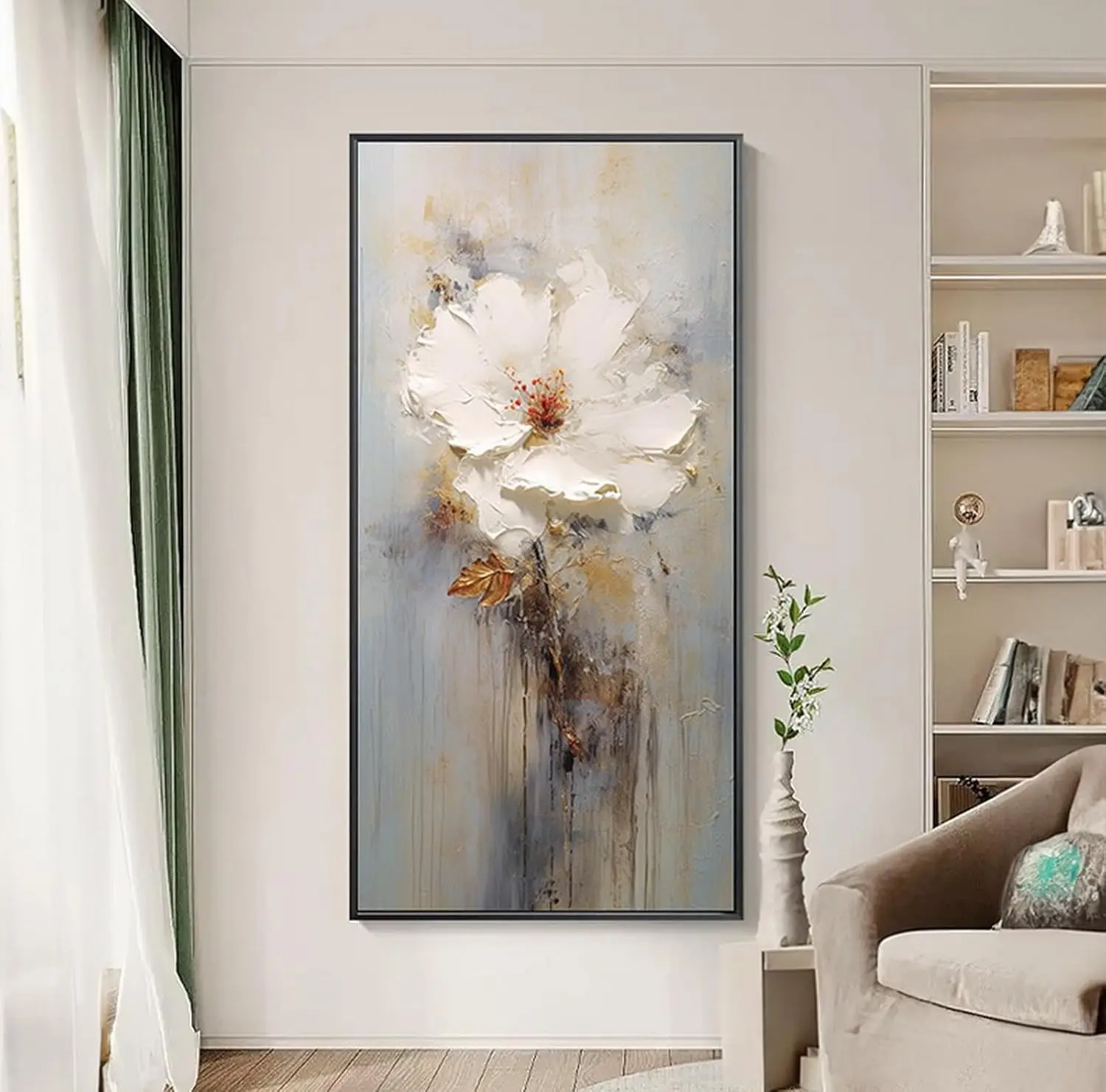 

Framed White Floral Canvas Wall Art For Living Room, Hand-Painted Flower Oil Painting On Cavas for Bedroom, 3D Modern Flower Pic