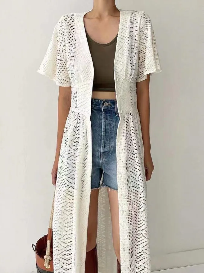 

Women's Long Lace Hollow out irt Top Single Button Slimming See tough Versatile Layering Cotton Commute Sle V Ne