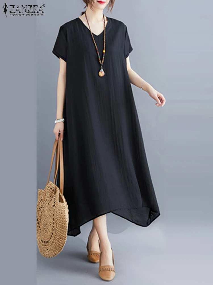 

ZANZEA Women Long Shirt Dress Vintage Solid Color Summer Vestidos 2024 Fashion V-Neck Casual Loose Short Sleeve Party Sundress