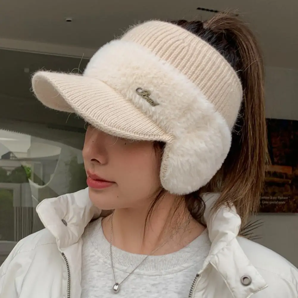 Cold Weather Hat Stylish Women\'s Winter Knit Baseball Hat with Earflap Ponytail Design for Outdoor Sports Windproof Warmth