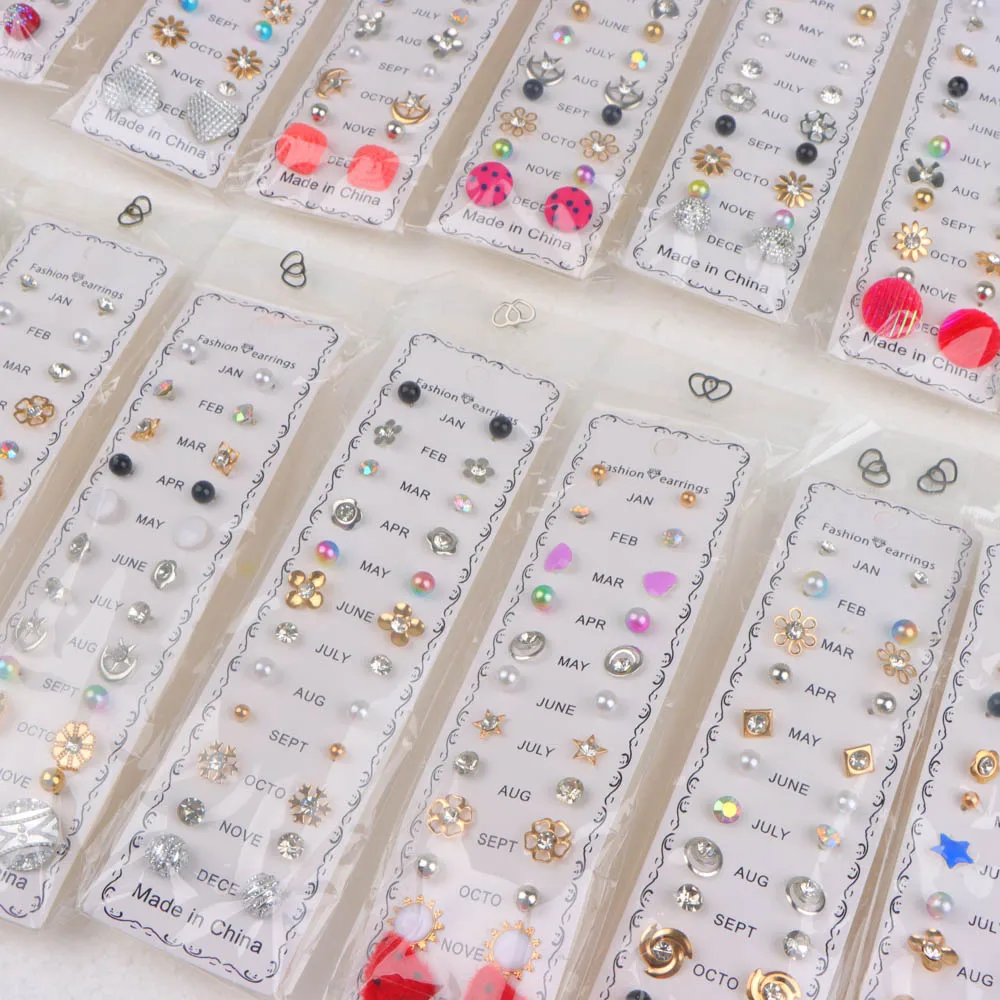 120 Pairs/Lot Round Flower Rhinestone Mixed Style Earrings Set Fashion Mini Earrings Party Jewelry Gift Wholesale
