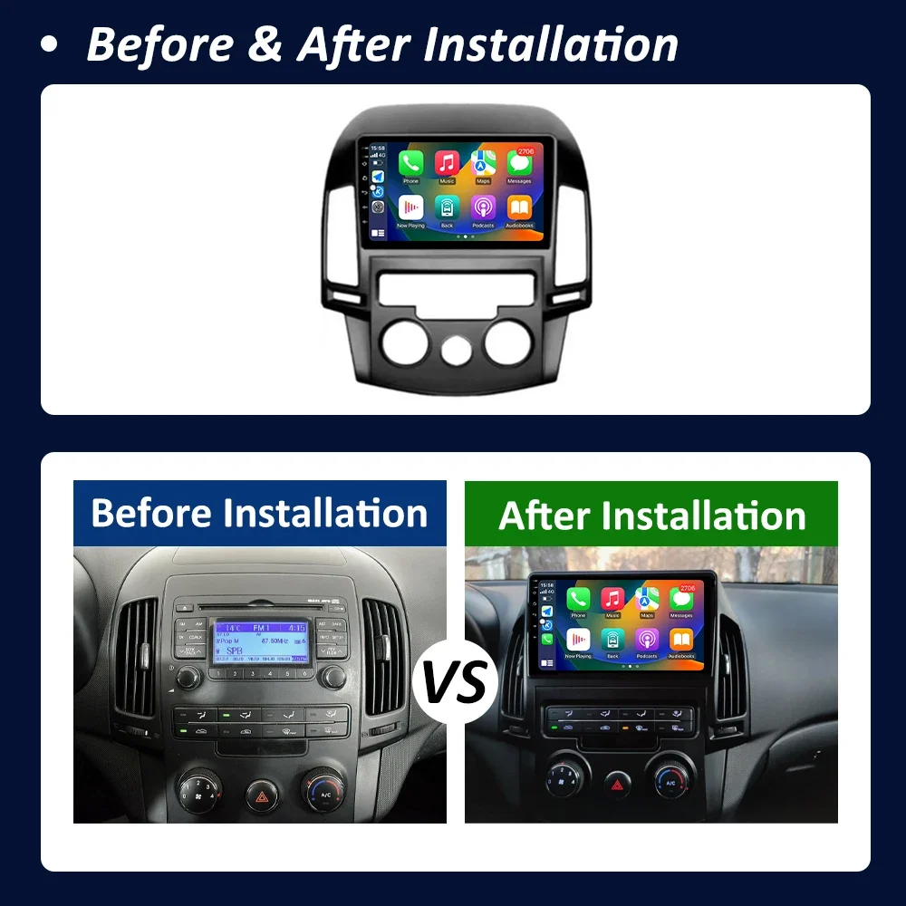 أندرويد 15 لشركة هيونداي i30 2006 - 2012 Autoradio Carplay السيارات اللاسلكية الوسائط المتعددة السيارات سيارة الملاحة الصوتية واي فاي راديو GPS