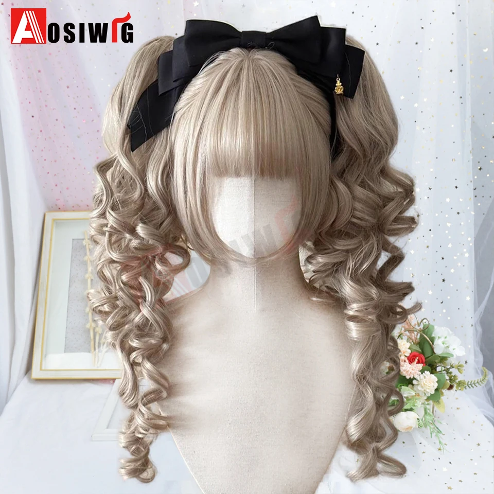 Synthetische Lolita-Perücke im Prinzessinnen-Schnitt mit doppeltem Pferdeschwanz und Pony, für Mädchen, Ombre, Blond, Braun, Weiß, Grau, Cosplay, Halloween, Harajuku-Perücke