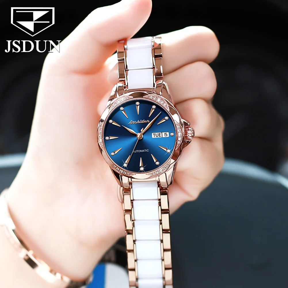 JSDUN Top Brand Luxury 50 meters waterproof Sapphire lens Mechanical Watch for Women Design Diamond Watch simple Gifts for beaut