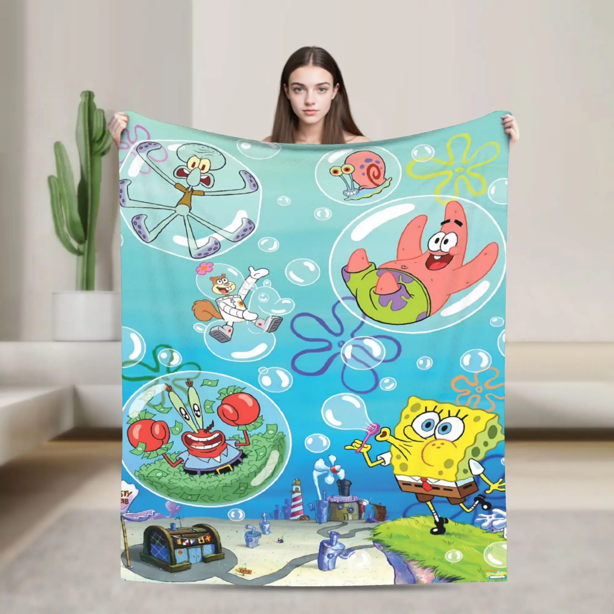 SpongeBobs Underwater Bubble Flannel Blankets Winter Warm Throw Blanket for Boy Girl Couch Bed Fluffy Bedspread Sofa Bed Cover