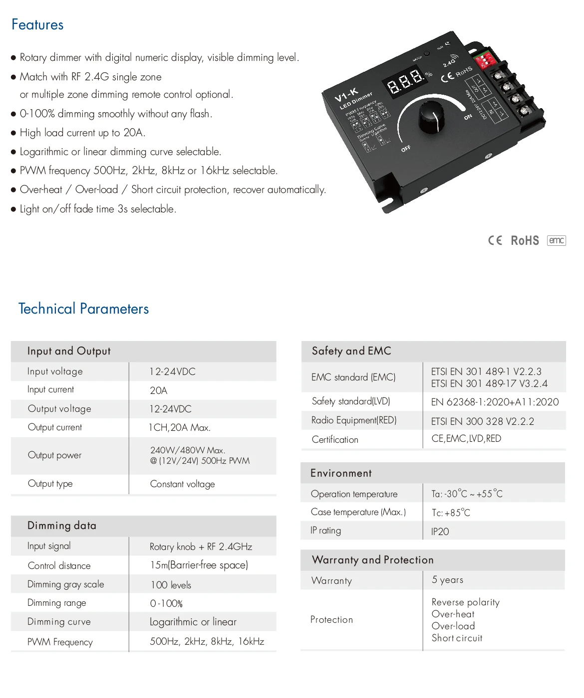 V1-K DC 12-48V 20A PWM Wireless LED Dimmer Controller Switch 2.4G RF Touch Remote for Single Color COB 5050 3528 Dimming Lights