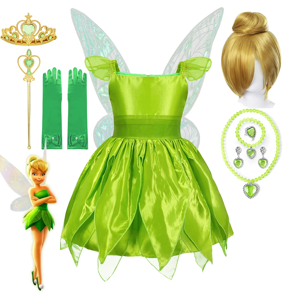 Tinkerbell Fairy Dress Girl Disney Princess Tiana Birthday Costume Halloween Party Cosplay Outfit With Wings Kids Green Frocks