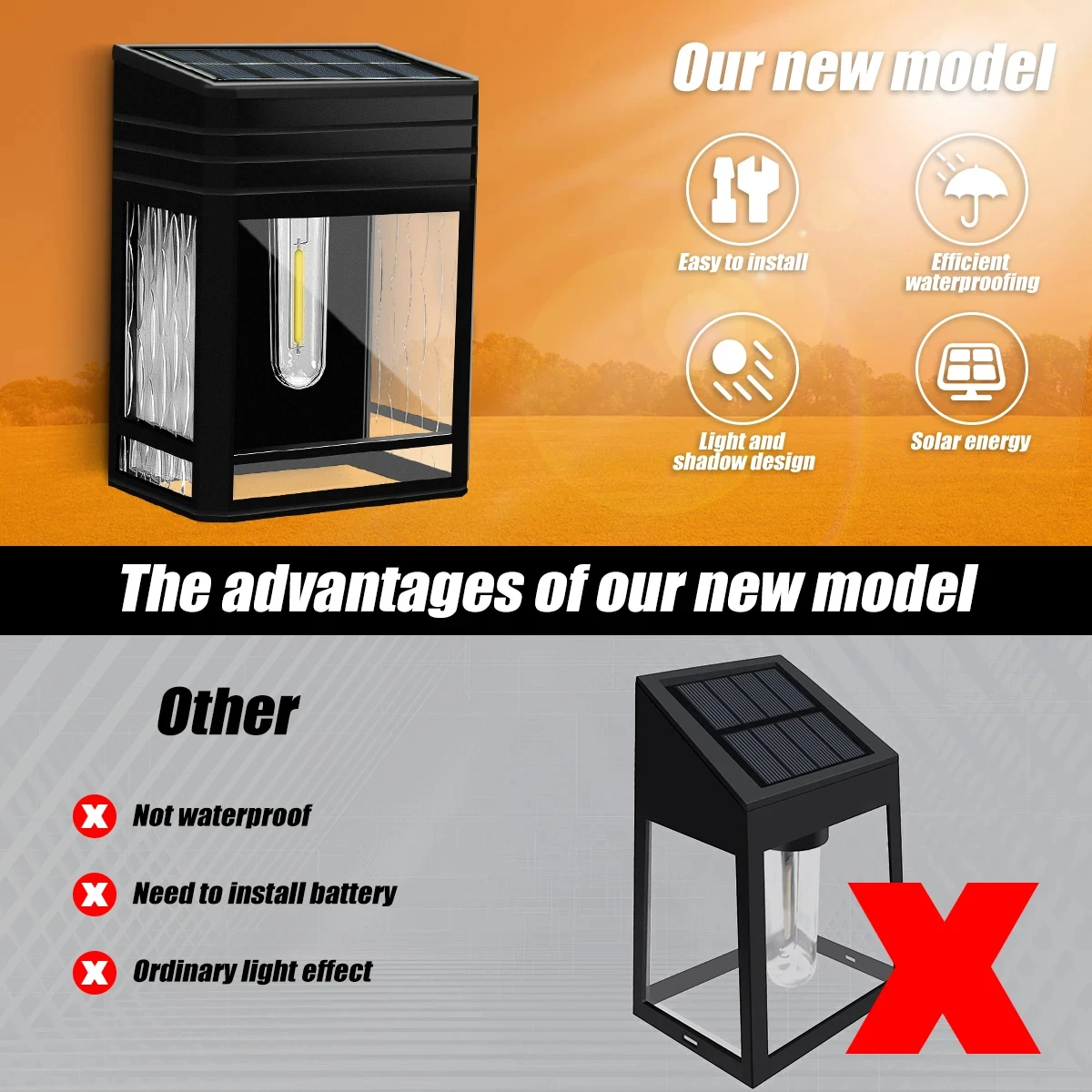 2PC Solar Wall Lights Outdoor IP65 Waterproof Garden Light for Porch Fence Shed Patio Crackle Lampshade with Warm Tungsten Bulb