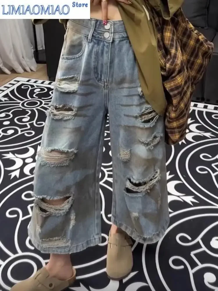 

Women's Multiple Holes Wide Leg Calf-length Denim Shorts Unisex Style Capris Summer Female High Waist Loose Short Jeans