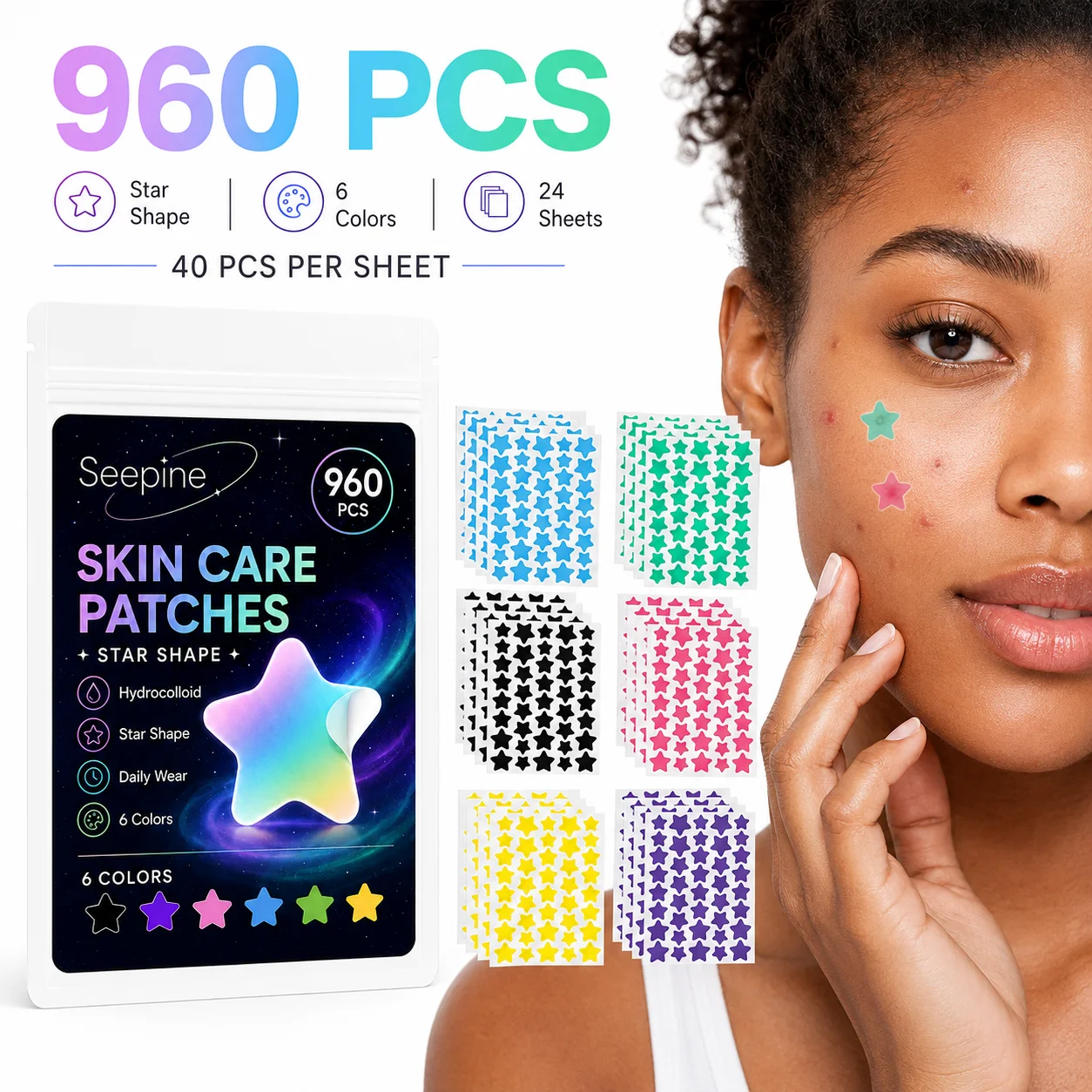 960 Count Patches in 6 Colors, for Facial Coverage, Conceals, Blocks Dust, Powder-Proof, Sweat-Proof, for Decoration, Photos, an