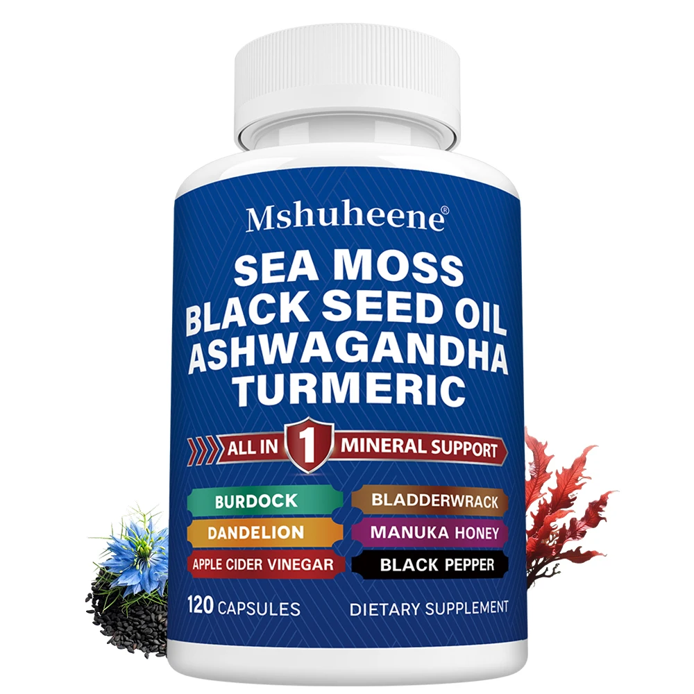 

Sea Moss Capsules, Black Seed Oil Ashwagandha Turmeric Bladderwrack Burdock - with Honey, Dandelion, ACV Black Pepper