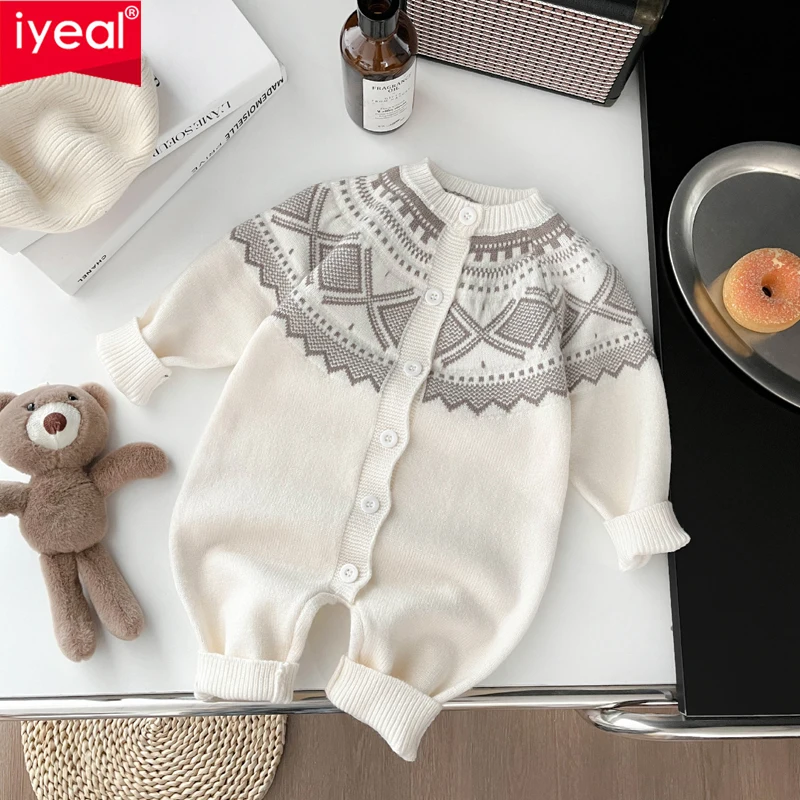 IYEAL New Fashion  Baby Boy  Diamond Jacquard Knitted Long Sleeved Jumpsuit Infant Girl  Sweaters Romper  0-24M