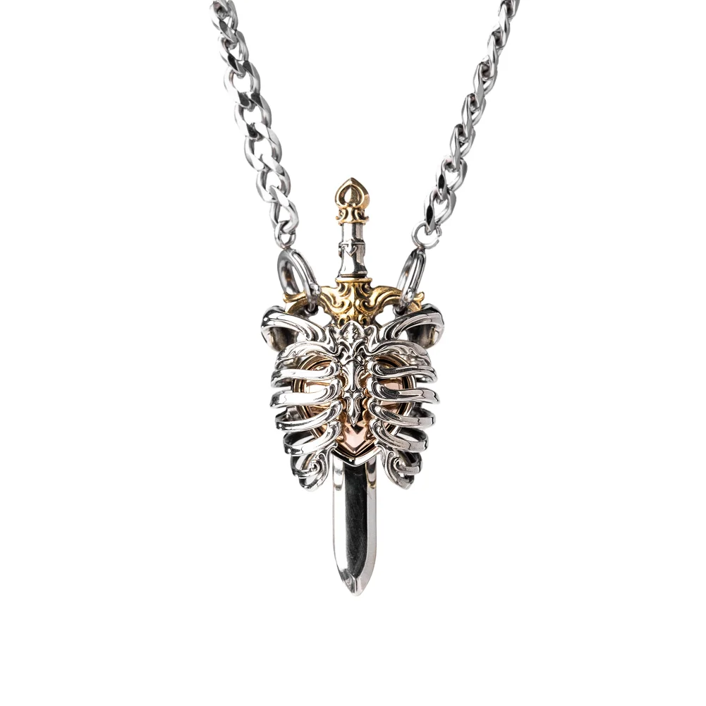 COPPERTIST.WU Beating Heart Pendant Gothic Ribcage Sword Skeleton Jewelry Charm for Men Women
