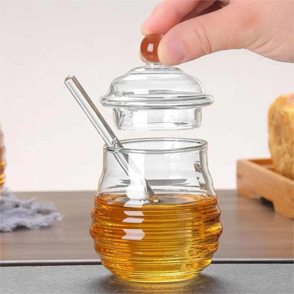 Honey Pot Jar Transparent Honeycomb Tank with Dipper and Lid  Wedding Party Office Kitchen Home Honey Storage Container