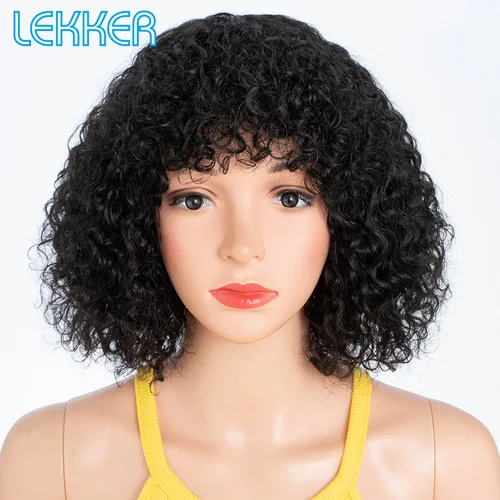 Imagen 2 del producto Pelucas Lekker negras de 10, 12, 14 y 16 pulgadas, estilo afro rizado, 100% cabello humano para mujeres, cabello brasileño Remy, pelucas sin pegamento hechas a máquina.