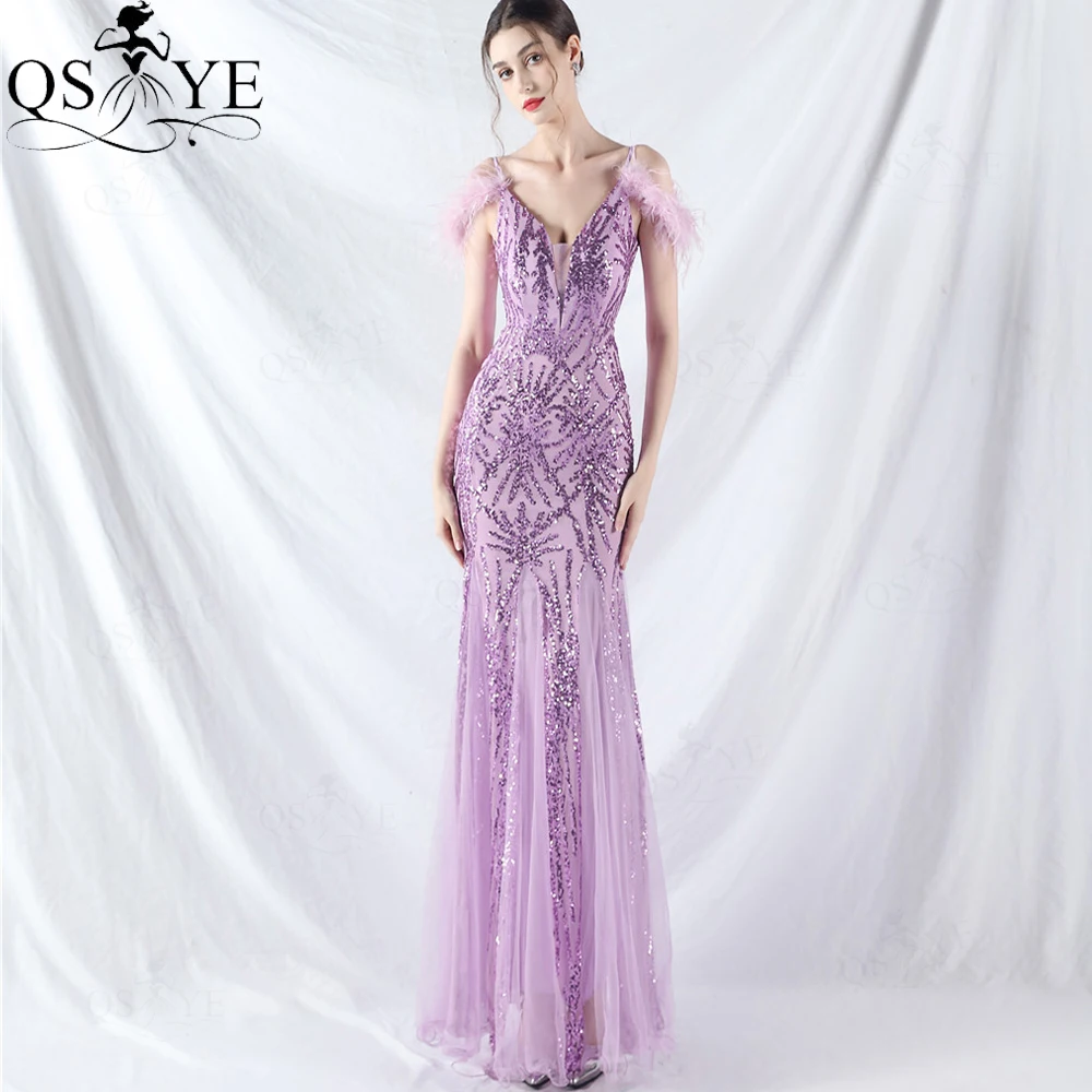 

Sequin Purple Long Prom Dresses Mermaid V Neck Ostrich Hair Sleeves Evening Gown Pattern Lace Purple Tulle Party Formal Dress