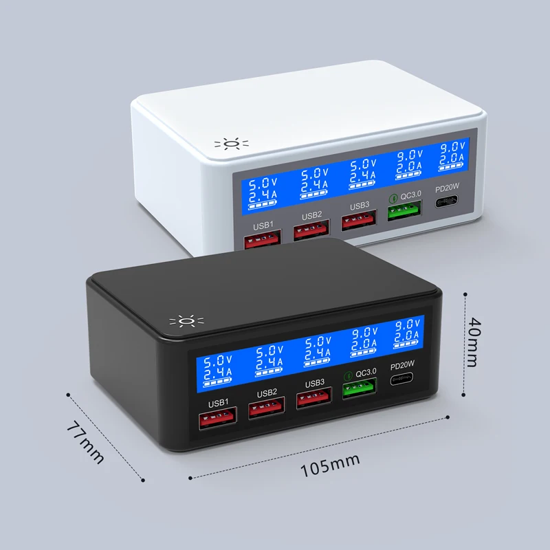 AIXXCO USB Quick Charger 50W 5-Port LED Display Quick Charge 3.0 Fast Charger Desktop Charging Station iPhone X 8 7 6, iPad