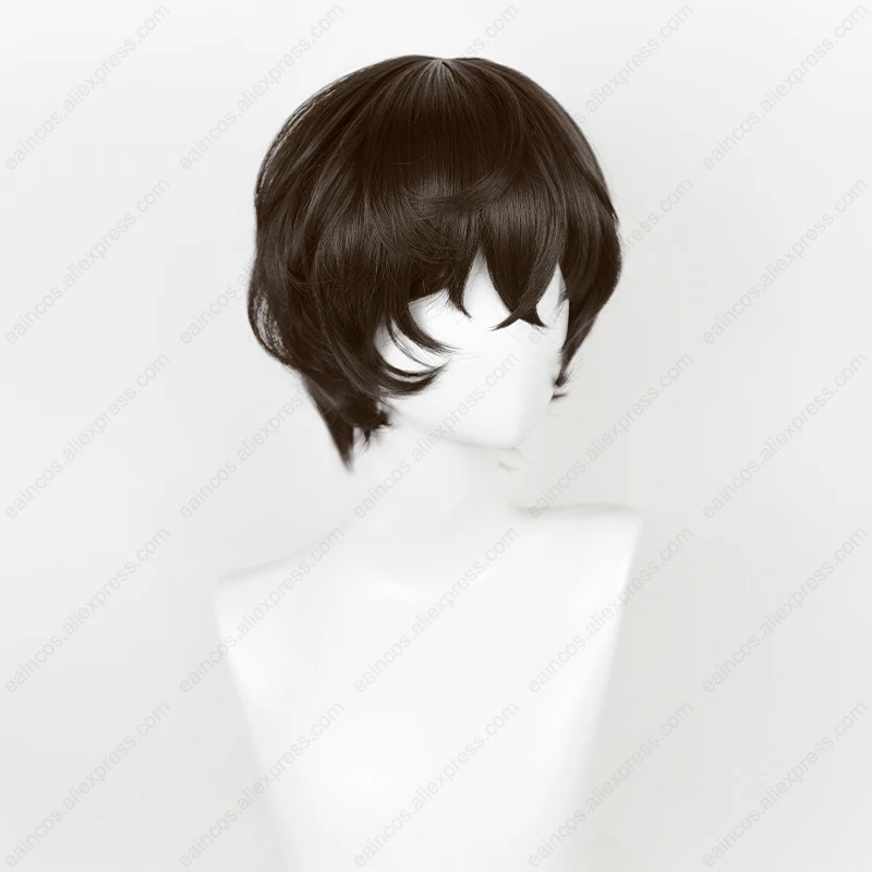 Dazai osamu-コスプレウィッグ,ケープ付きウィッグ,短い髪,耐湿性,合成,ダークブラウン,30cm