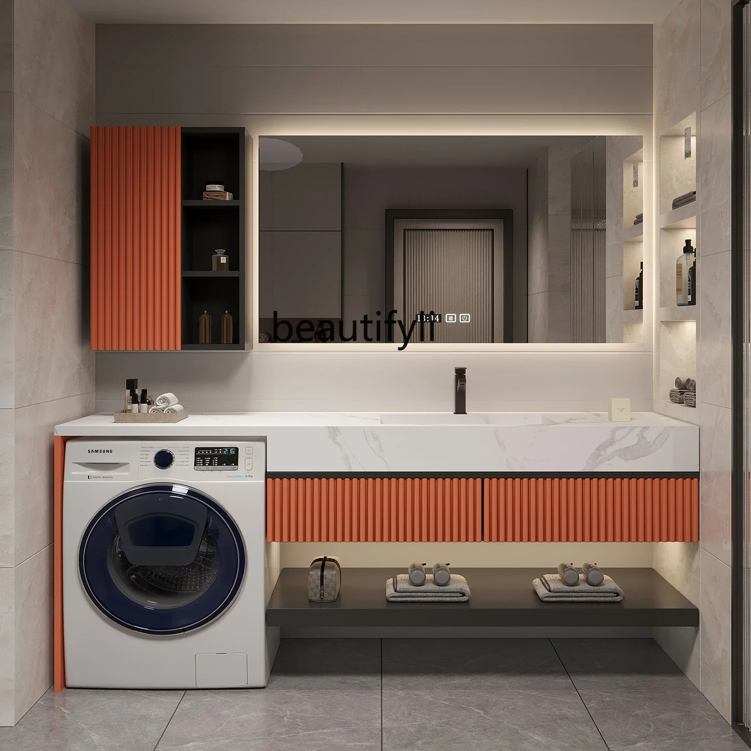 

Stone Plate Bathroom Cabinet Balcony Washing Machine All-in-One Cabinet Combination Solid Wood Wash Basin