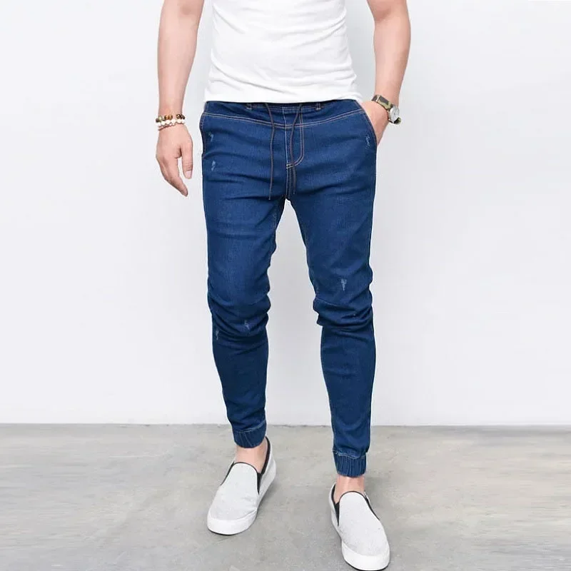 Men Jeans Denim Sheath Pencil Pants Drawstring Print Solid Pockets Slim Ankle Length Pant Slight Strech High Street 2025