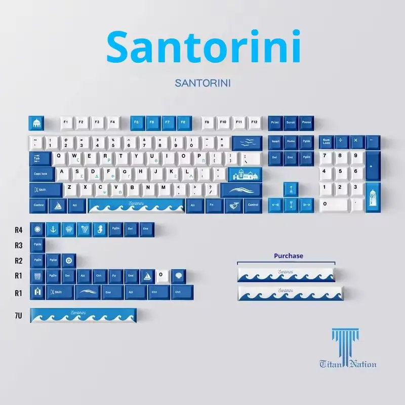 Titan Nation Santorini Thema Keycaps 134-toetsen Pbt Originele fabriekshoogte Thermische sublimatie Mechanische toetsenbordsleuteldop