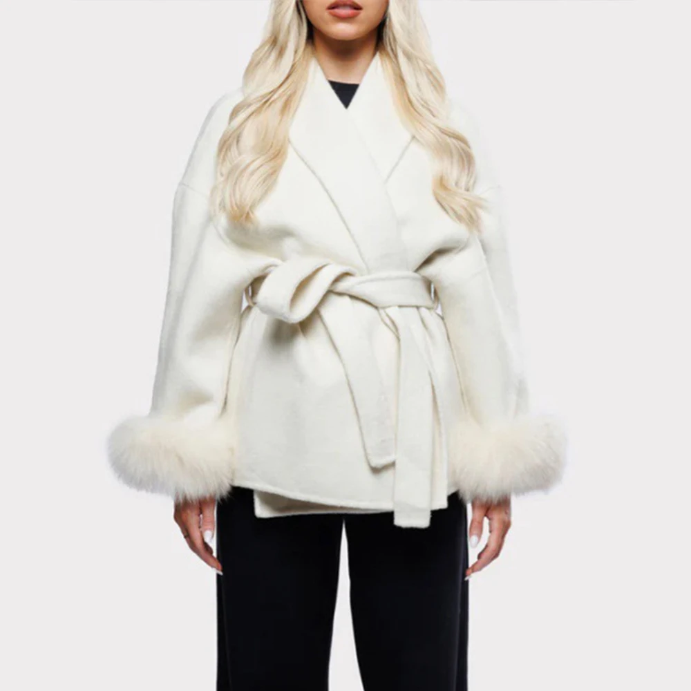 Mode Revers Kurzen Mantel mit Gürtel Neue Feste Pelz Patchwork Spitze Up Oberbekleidung Frauen Woolen Jacke Herbst Dame Strickjacke Elegante