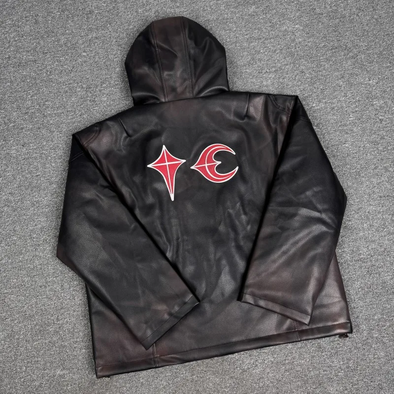 Thug Club 新作 ニッチ ストリートウェア ブランドデザイン - 厚手の暖かいPUレザー フード付きジャケット コットン裏地付き