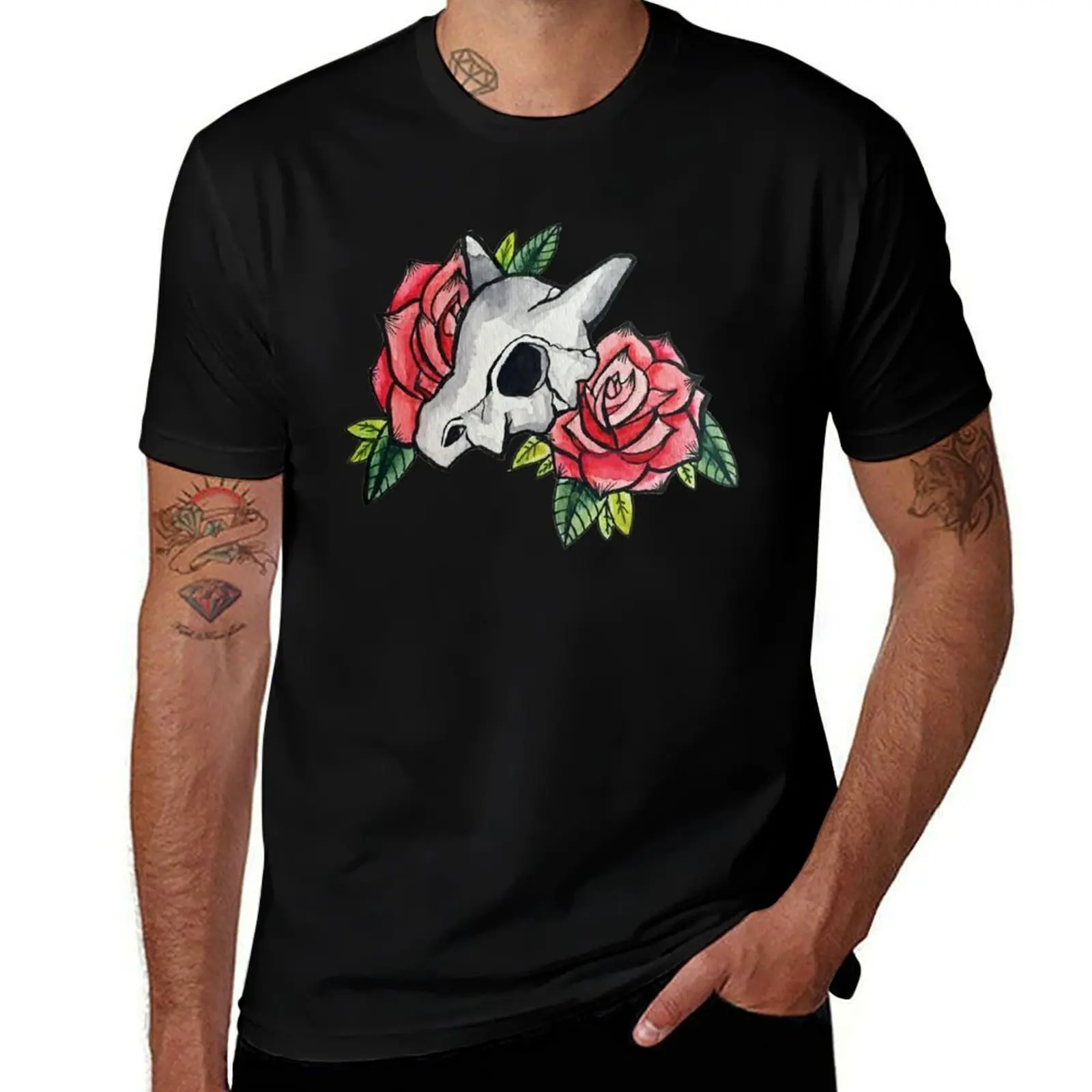#104 Orphan Skull Traditional Watercolor Tattoo T-Shirt Casual Pattern Print Tee Shirt