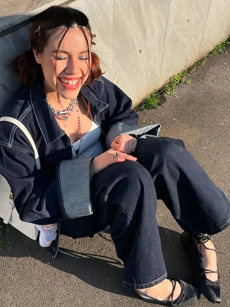 Fashion Zipper Tasche Denim Hosen Sets Frauen Lose Revers Volle Hülse Jacke Breite Bein Jean 2025, Frühling Dame High Street Outfits